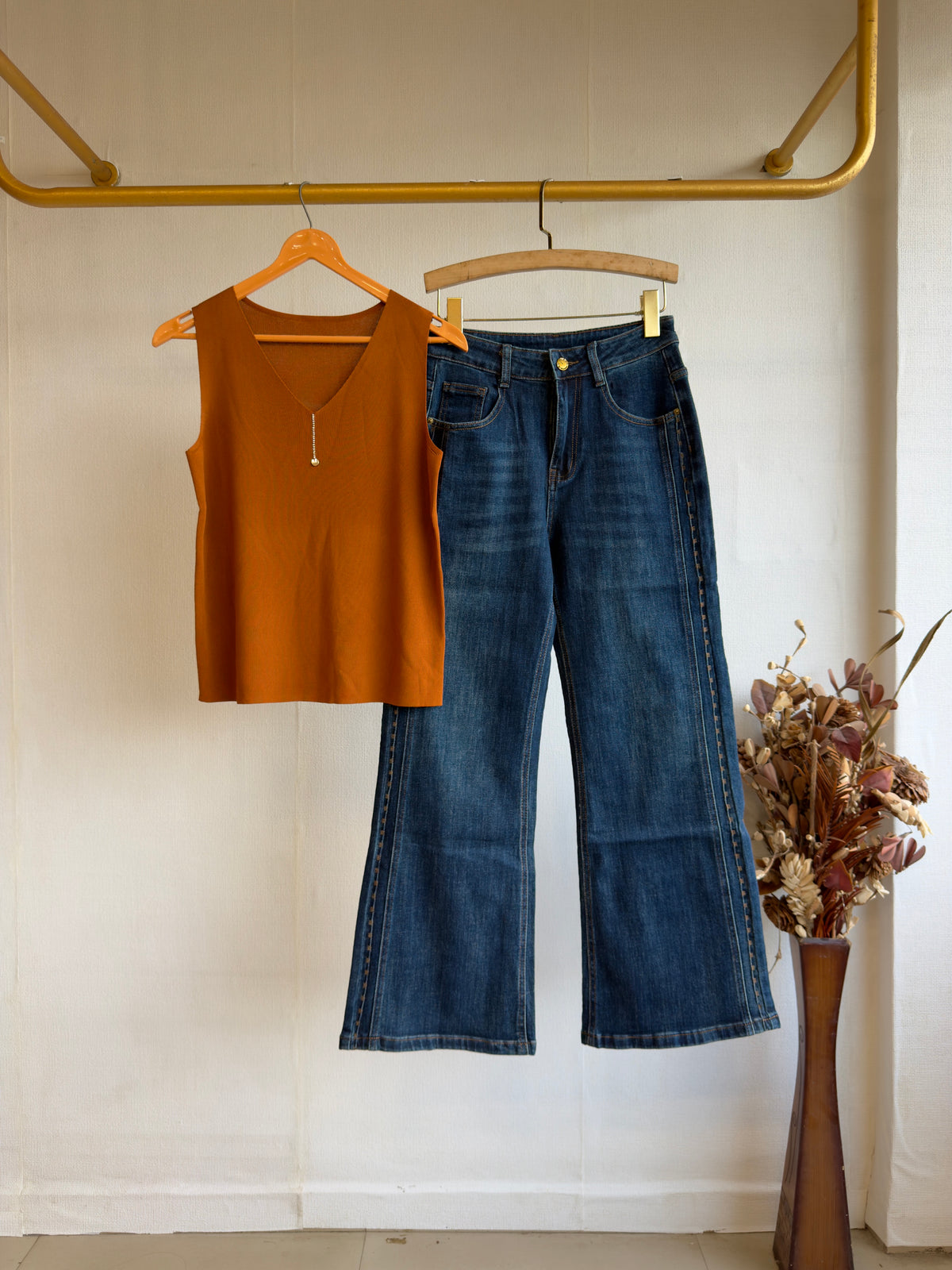 ORANGE SOEEVELESS TANK TOP WITH IMPORTED SOFT DENIM PANT SET
