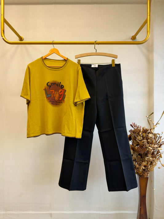 YELLOW PRINT SOFT KNITTING TOP WITH BELL BOTTOM PANT SET