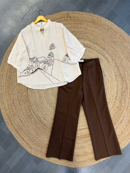 OFF WHITE HOUSE EMBROIDERY TOP WITH BELL BOTTOM PANT SET