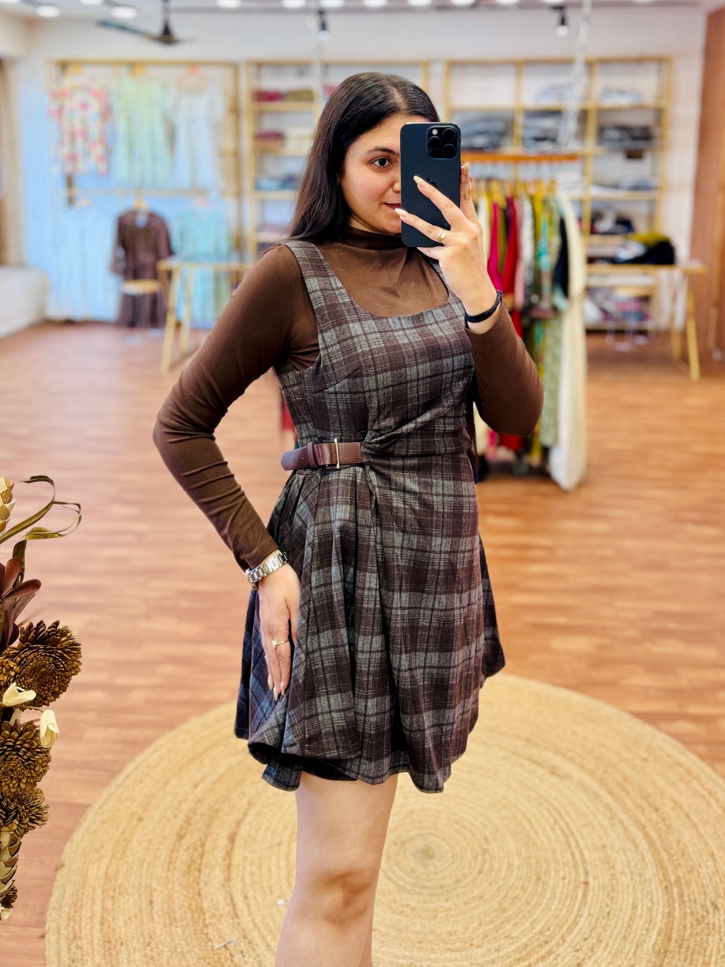 Brown short chex printed western dress