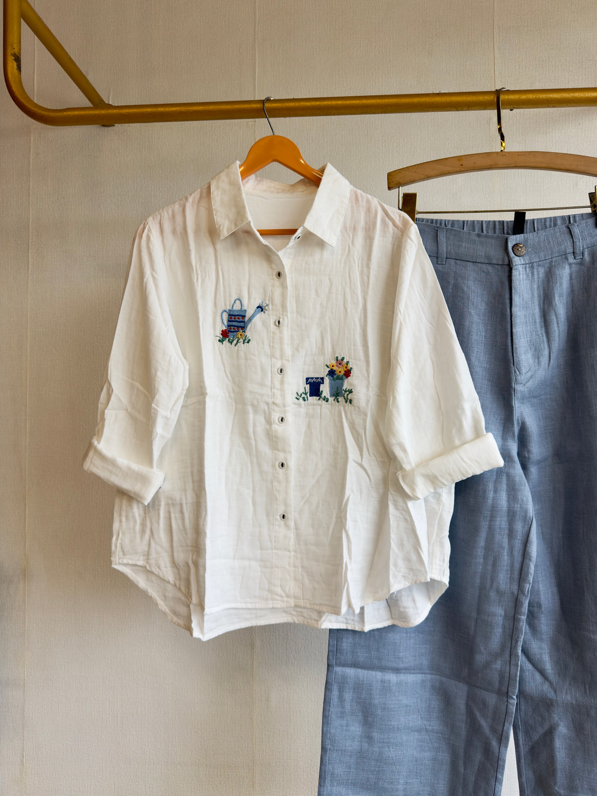 MUL COTTON EMBROIDERY SHIRT WITH LINEN STRAIGHT PANT SET