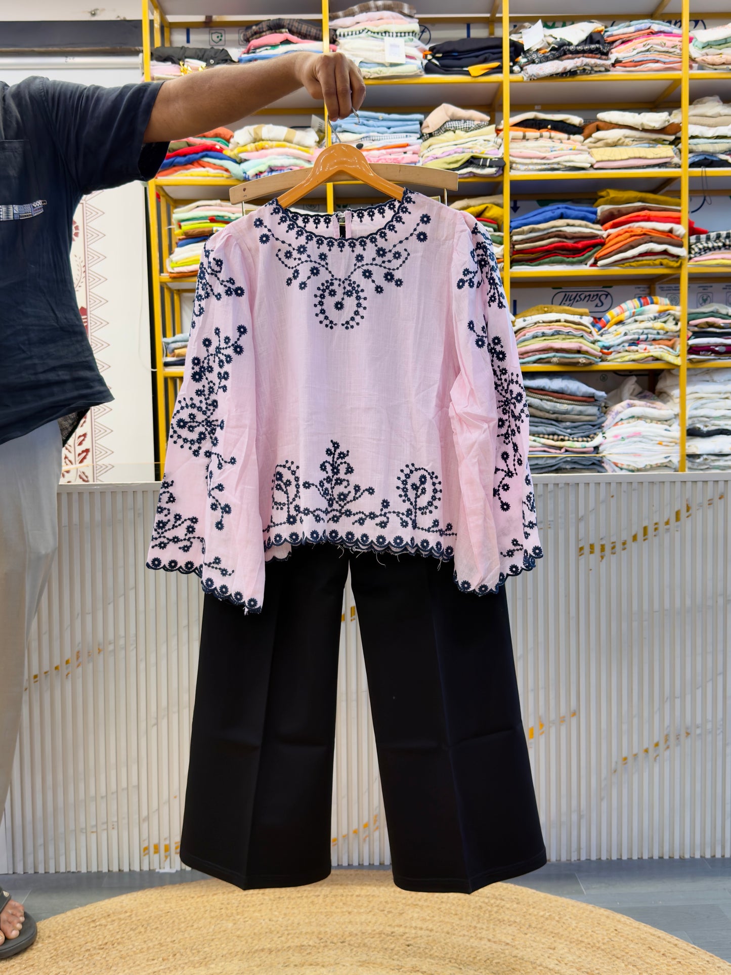 BABY PINK COTTON EMBROIDERY TOP WITH BELL BOTTOM PANT SET