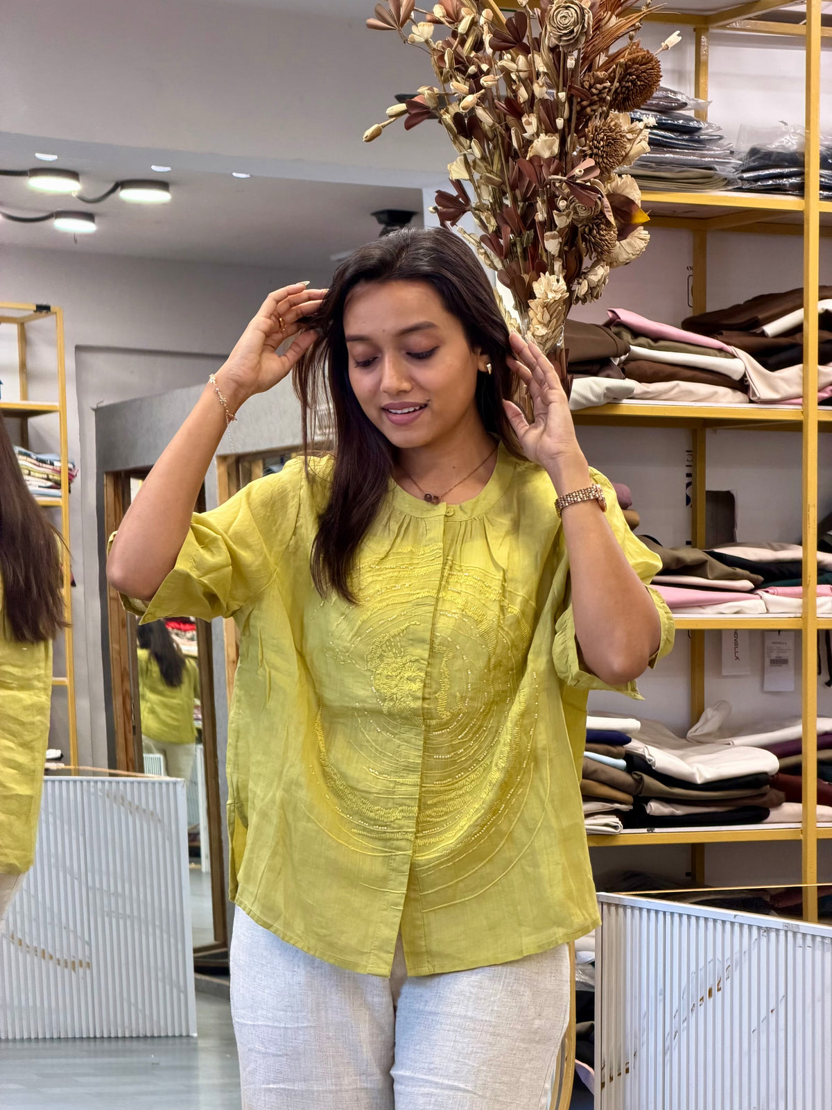 PISTA LINEN EMBROIDERY TOP WITH LINEN STRAIGHT PANT SET