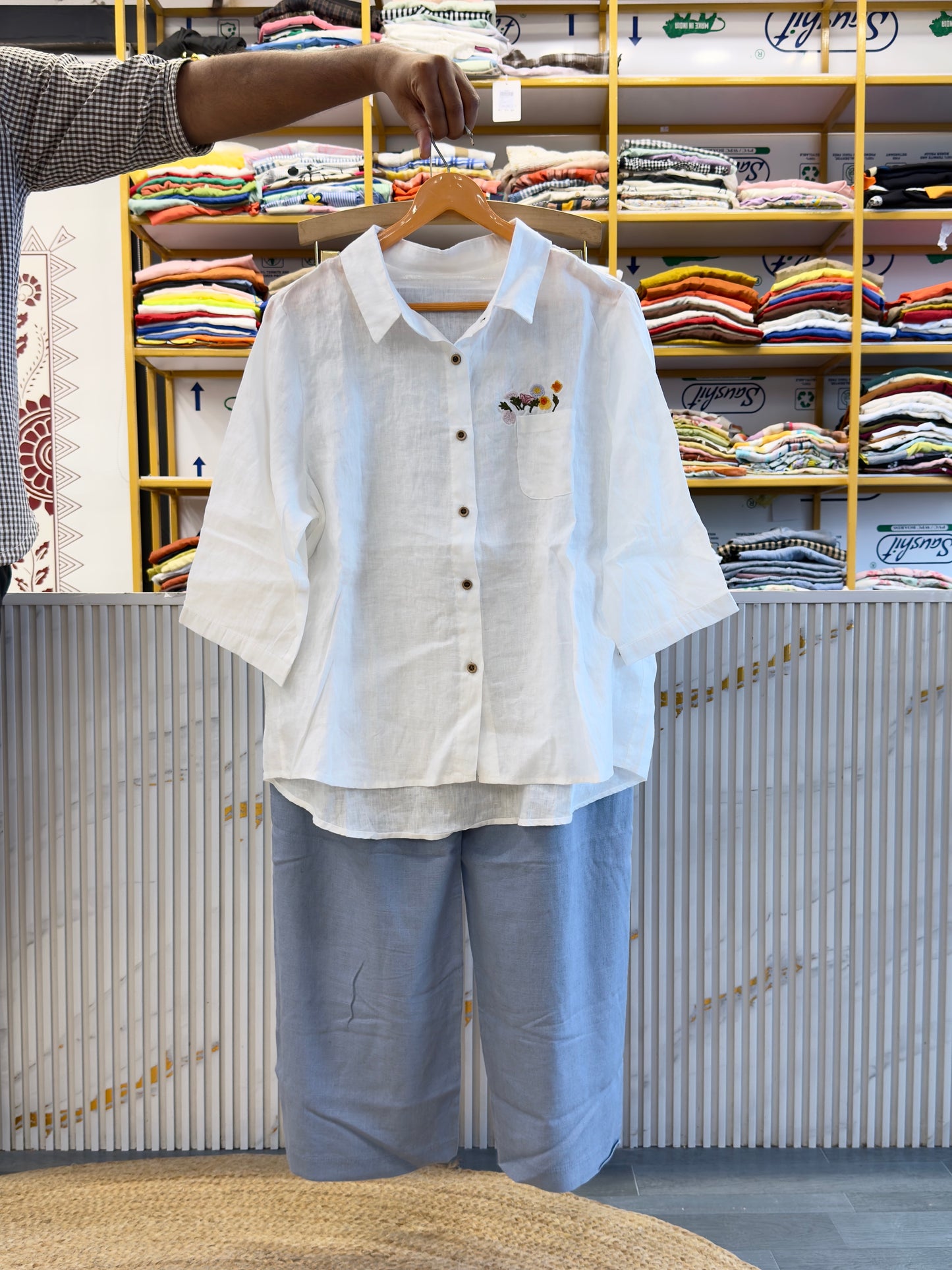 WHITE LINEN EMBROIDERY SHIRT  WITH LINEN PANT SET