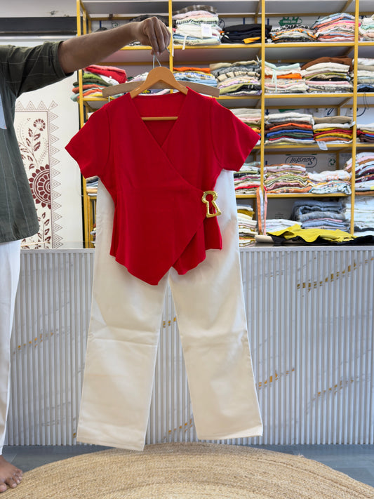 RED CROP SOFT KNITTING TOP  WITH STRAIGHT STRETCHABLE TROUSER PANT SET