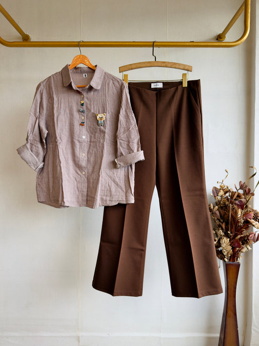 SMALL CHEX MUL COTTON EMBROIDERY PATCH SHIRT WITH BELL BOTTOM PANT SET