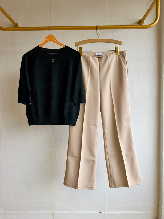 SOFT KNITTING BLACK TOP WITH BELL BOTTOM PANT SET