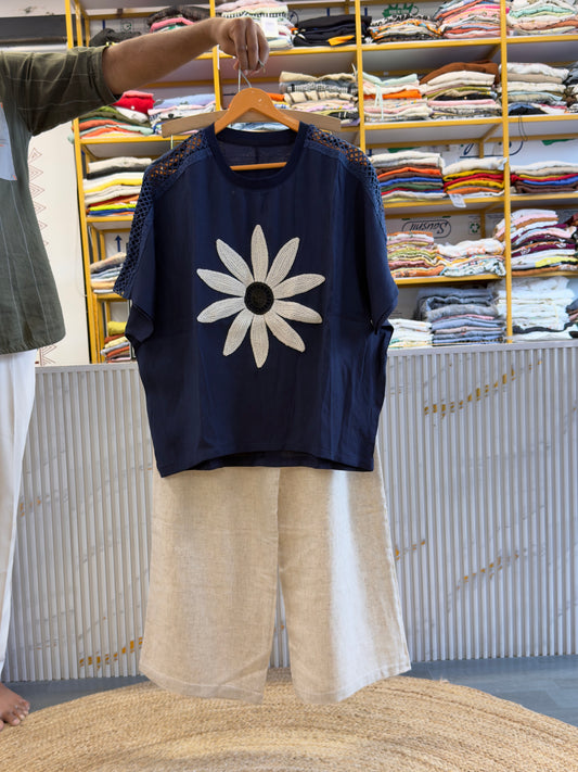 NAVY BLUE SUNFLOWER PONCHO STYLE TSHIRT CUM TOP  WITH LINEN PANT SET