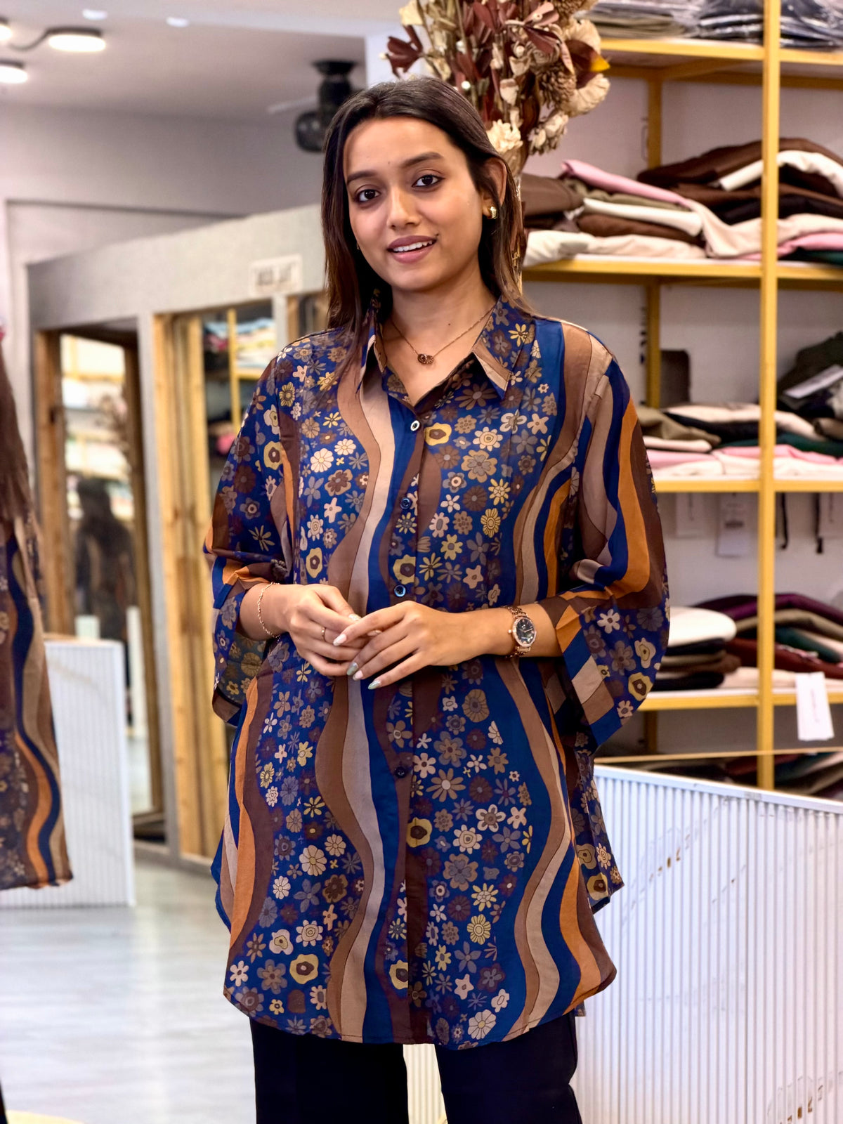 PRINTED  LONG SHIRT  WITH BELL BOTTOM PANT SET
