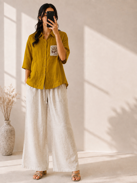 MASTARD CROCHET POCKET  LINEN TOP WITH LINEN COMFORTABLE PANT SET