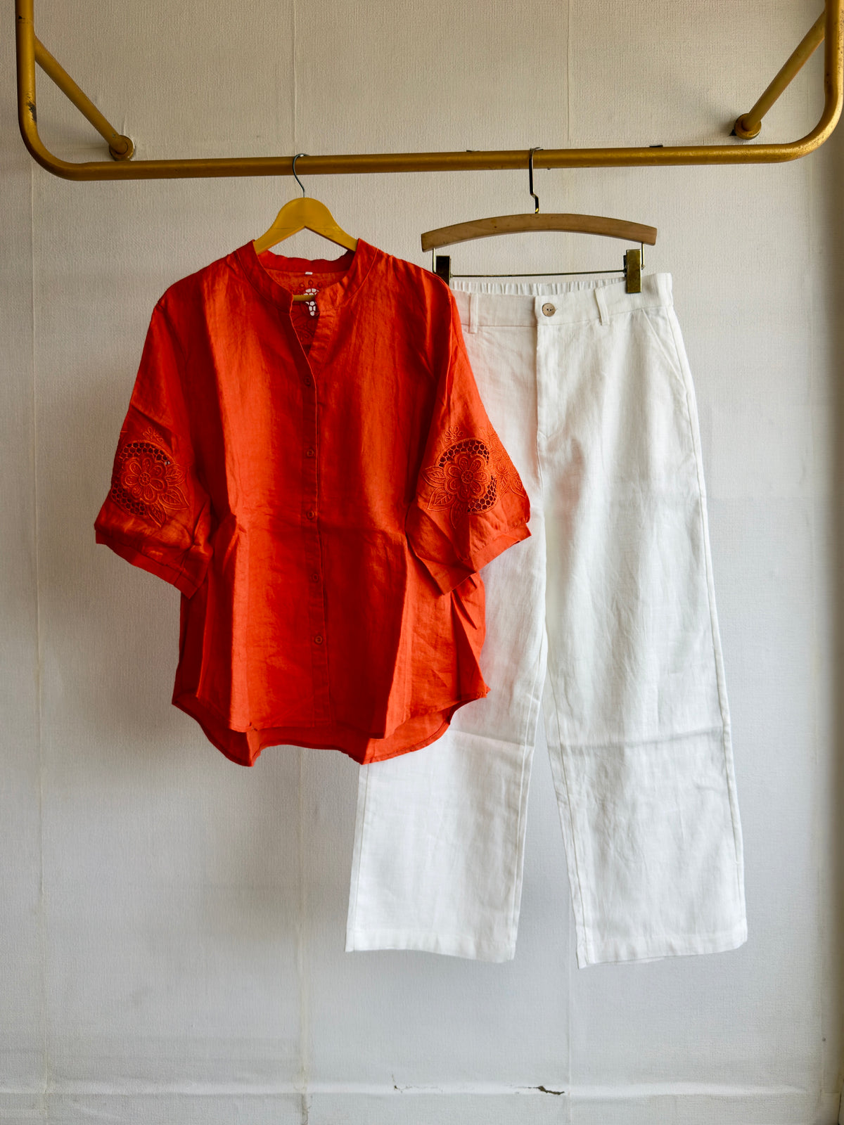 LINEN CUTWORK EMBROIDERY TOP WITH LINEN STRAIGHT PANT SET