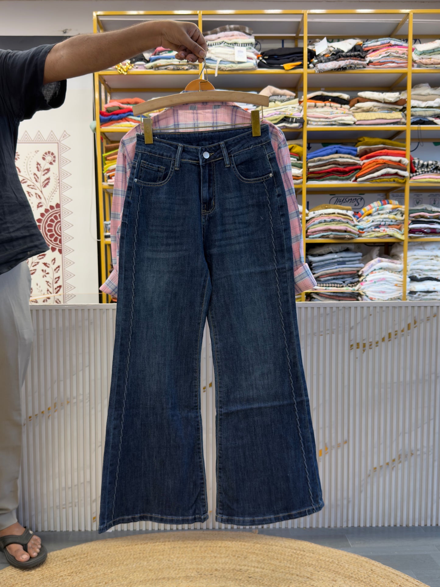 PINK CHEX SHIRT WITH SPAGHETTI TOP WITH STRAIGHT DENIM PANT SET