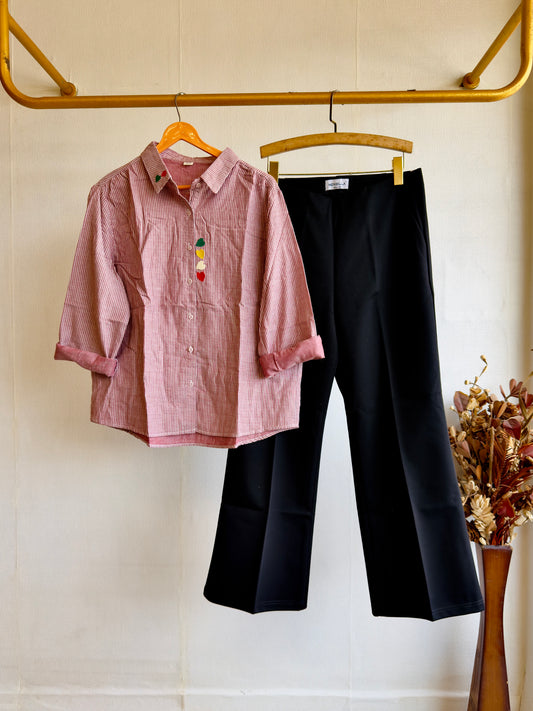 STRIP EMBROIDERY MUL COTTON SHIRT TOP WITH BELL BOTTOM PANT SET