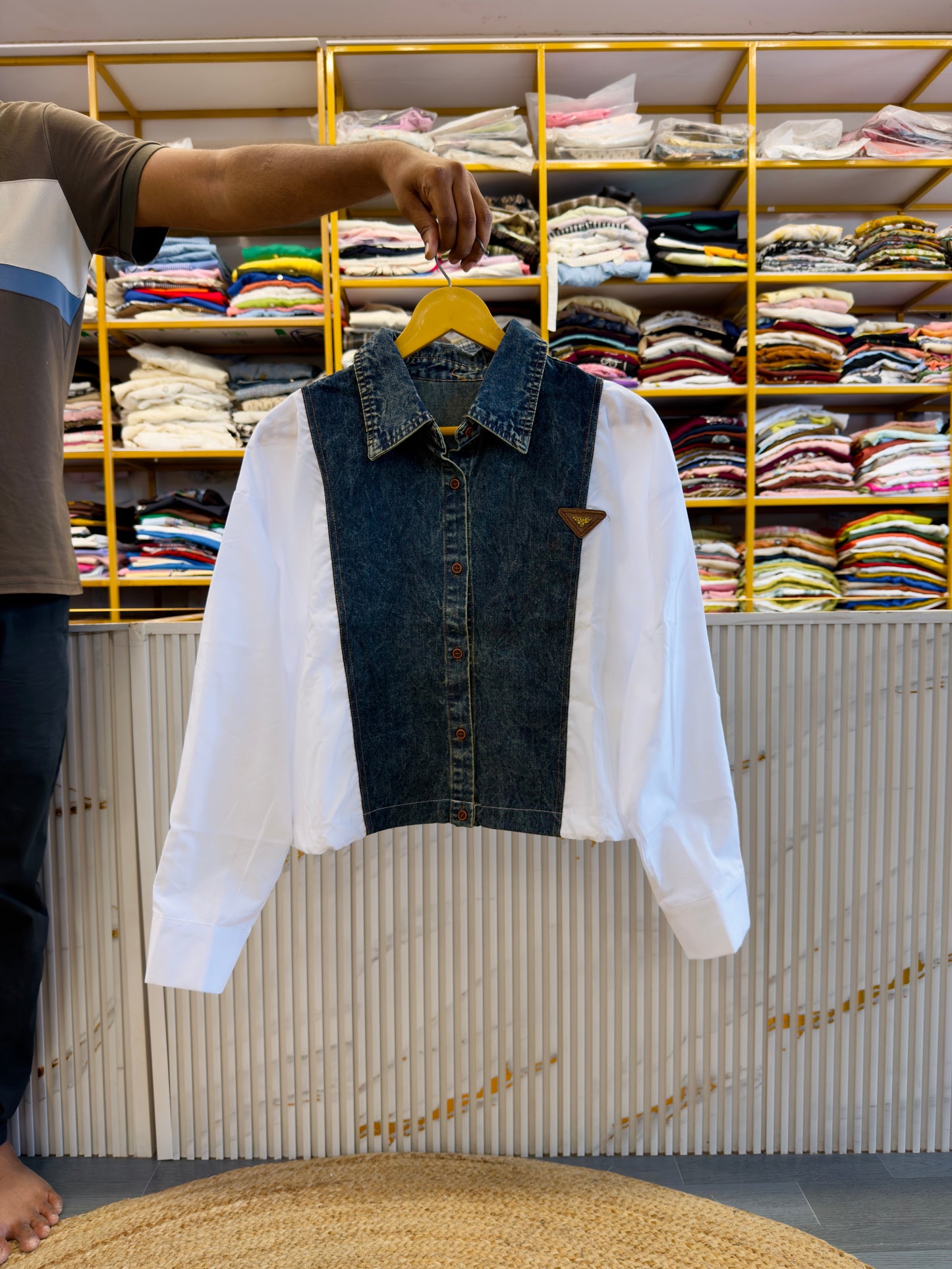 WHITE HALF DENIM PATTERN TOP