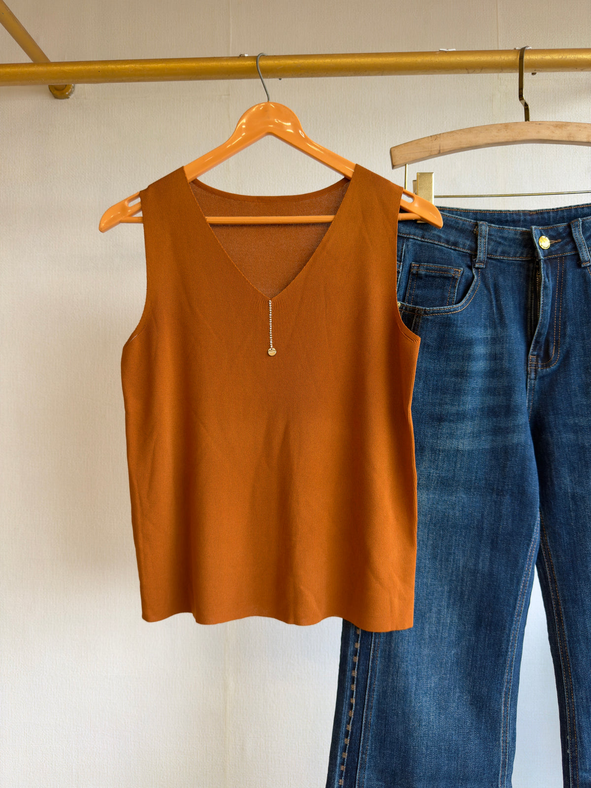 ORANGE SOEEVELESS TANK TOP WITH IMPORTED SOFT DENIM PANT SET