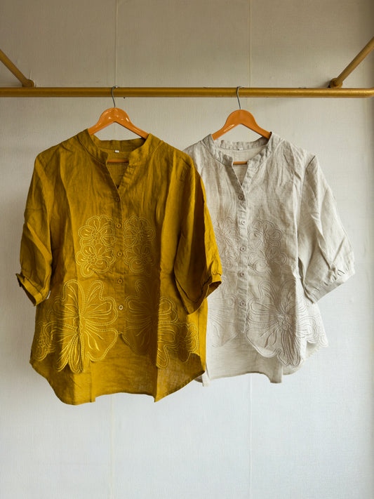 LINEN  FLOWER CUTWORK EMBROIDERY TOP