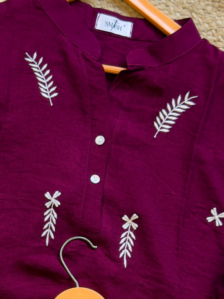 CASUAL LEAF EMBROIDERY LONG  TOP