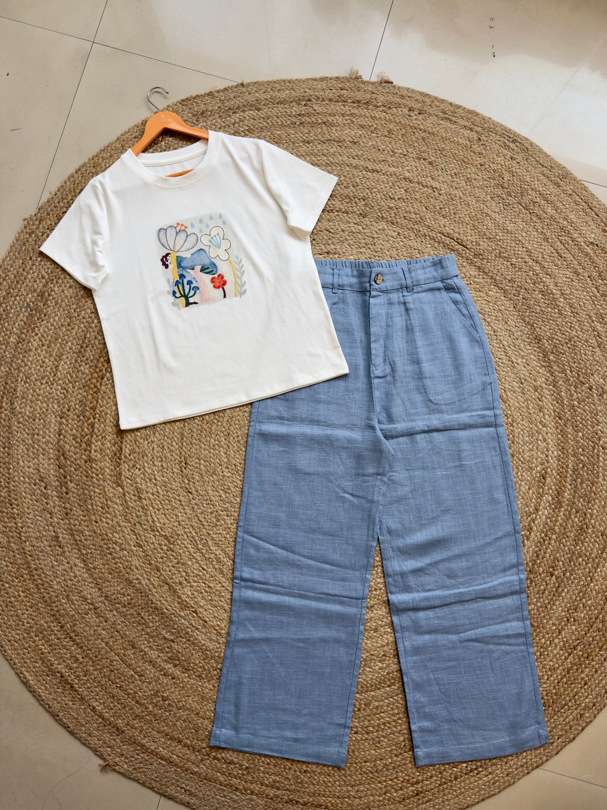 TRENDING COLOUR COTTON PRINT TSHIRT WITH LINEN STRAIGHT PANT SET