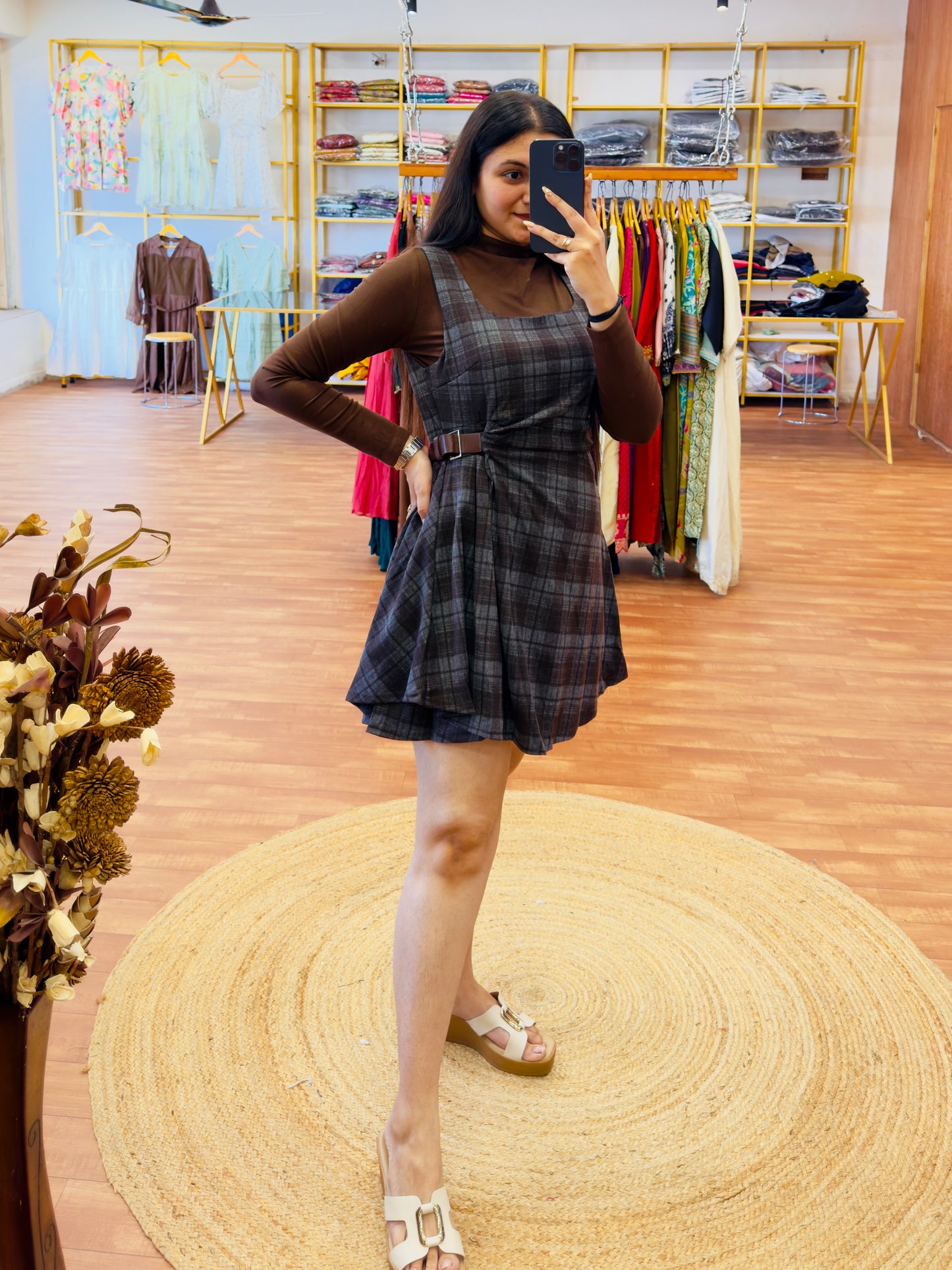 Brown short chex printed western dress