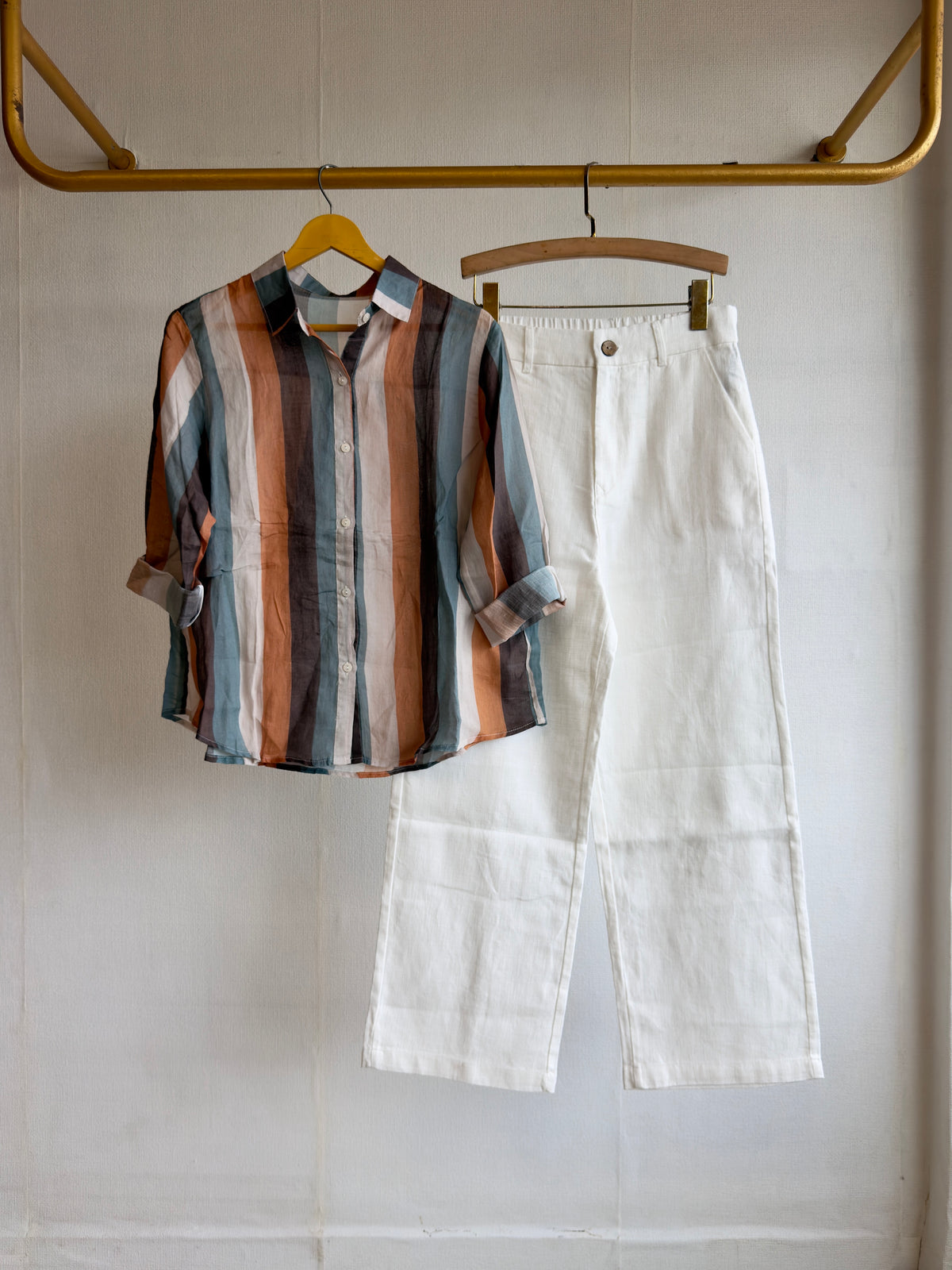 STRIPS LINEN PRINT SHIRT WITH LINEN STRAIGHT PANT SET
