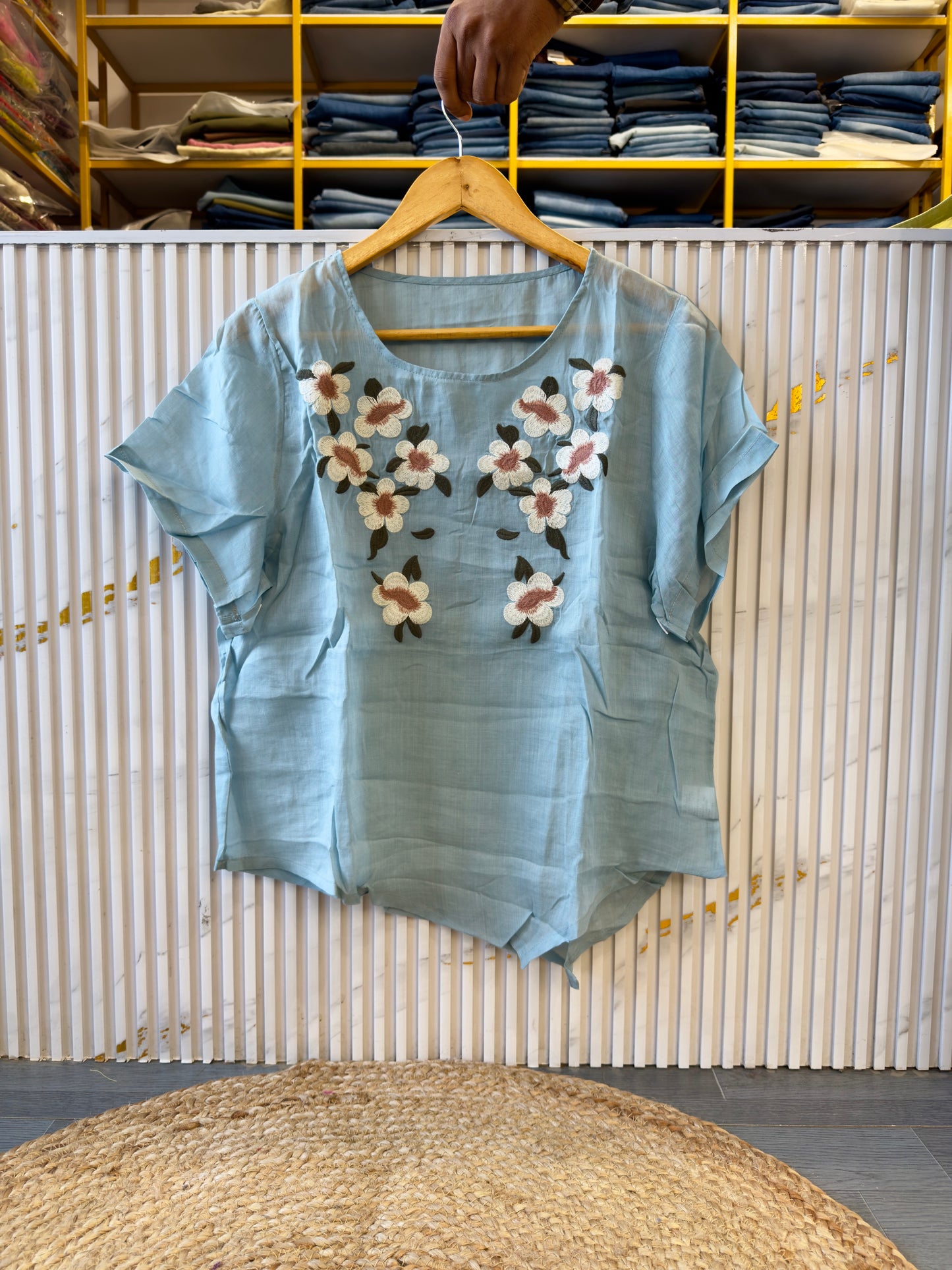 PREMIUM PURE LINEN FLOWER EMBROIDERY  TOP