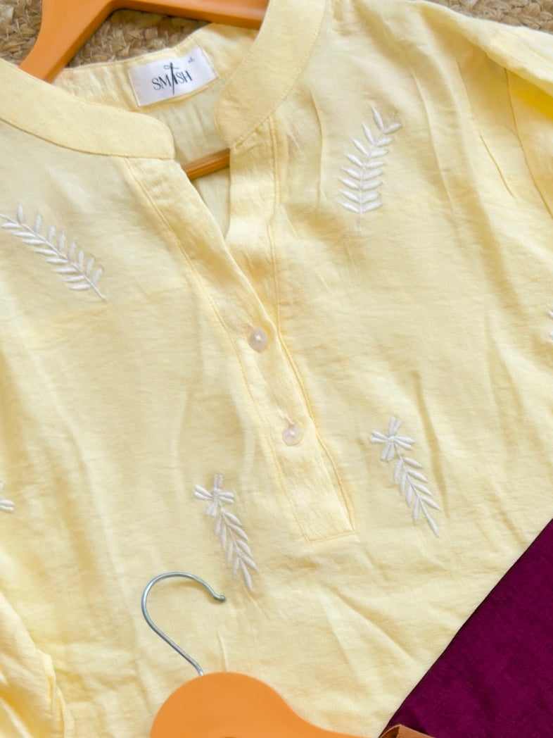 CASUAL LEAF EMBROIDERY LONG  TOP