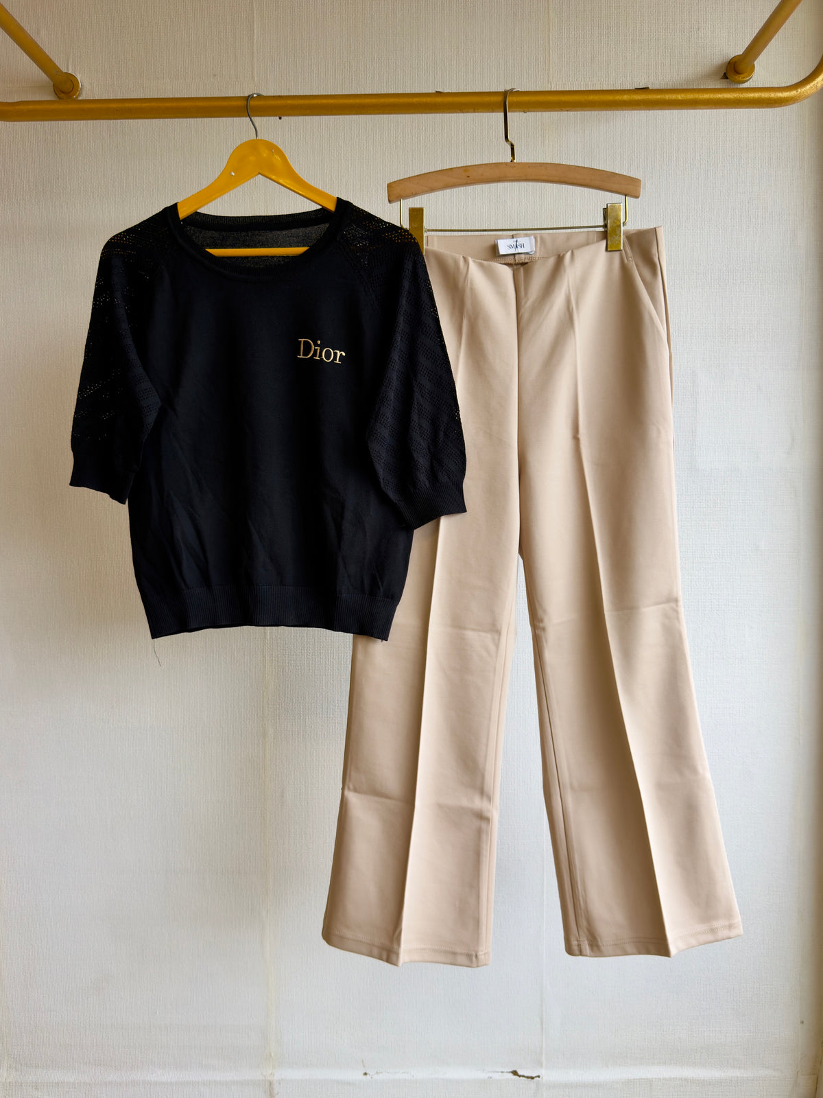 SOFT KNITTING BLACK DIOR EMBROIDERY TOP WITH BELL BOTTOM PANT SET