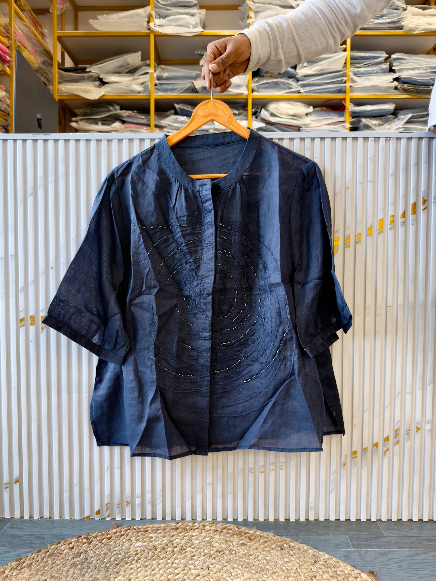 GALAXY EMBROIDERY PURE LINEN TOP