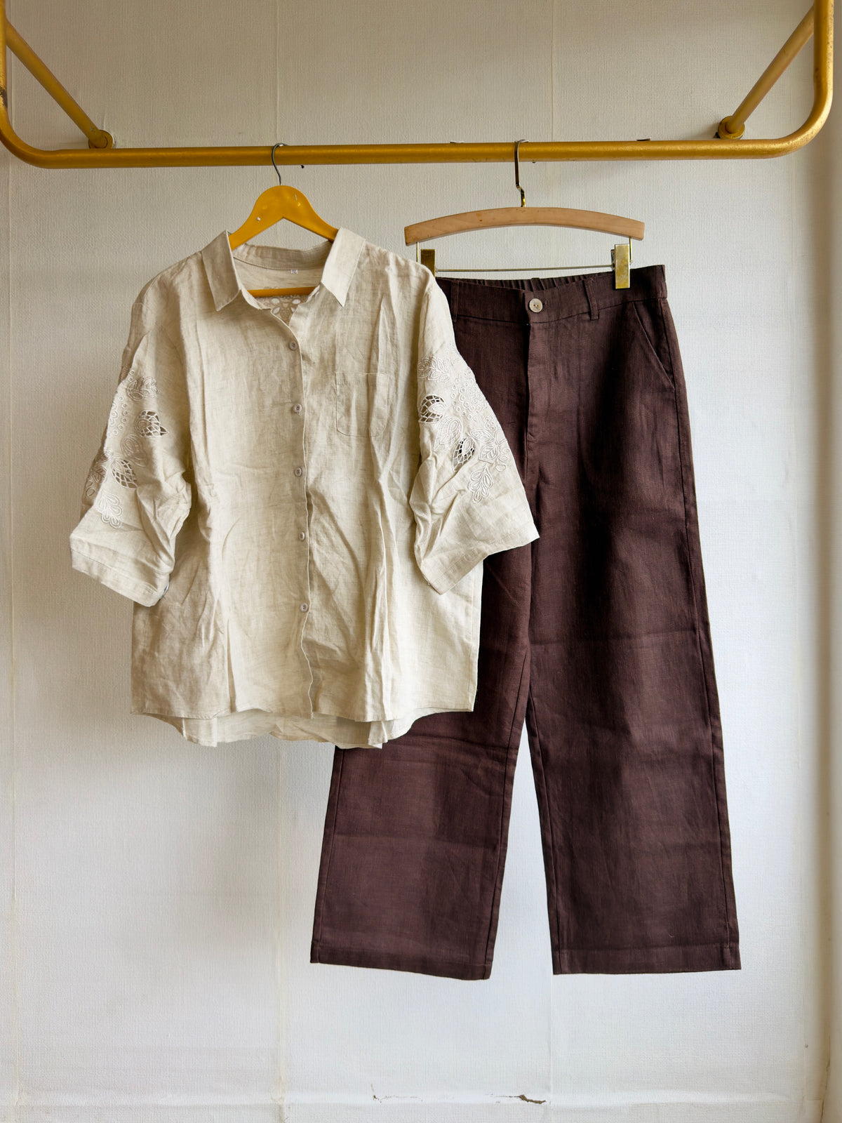 LINEN CUTWORK EMBROIDERY SHIRT WITH LINEN STRAIGHT PANT SET
