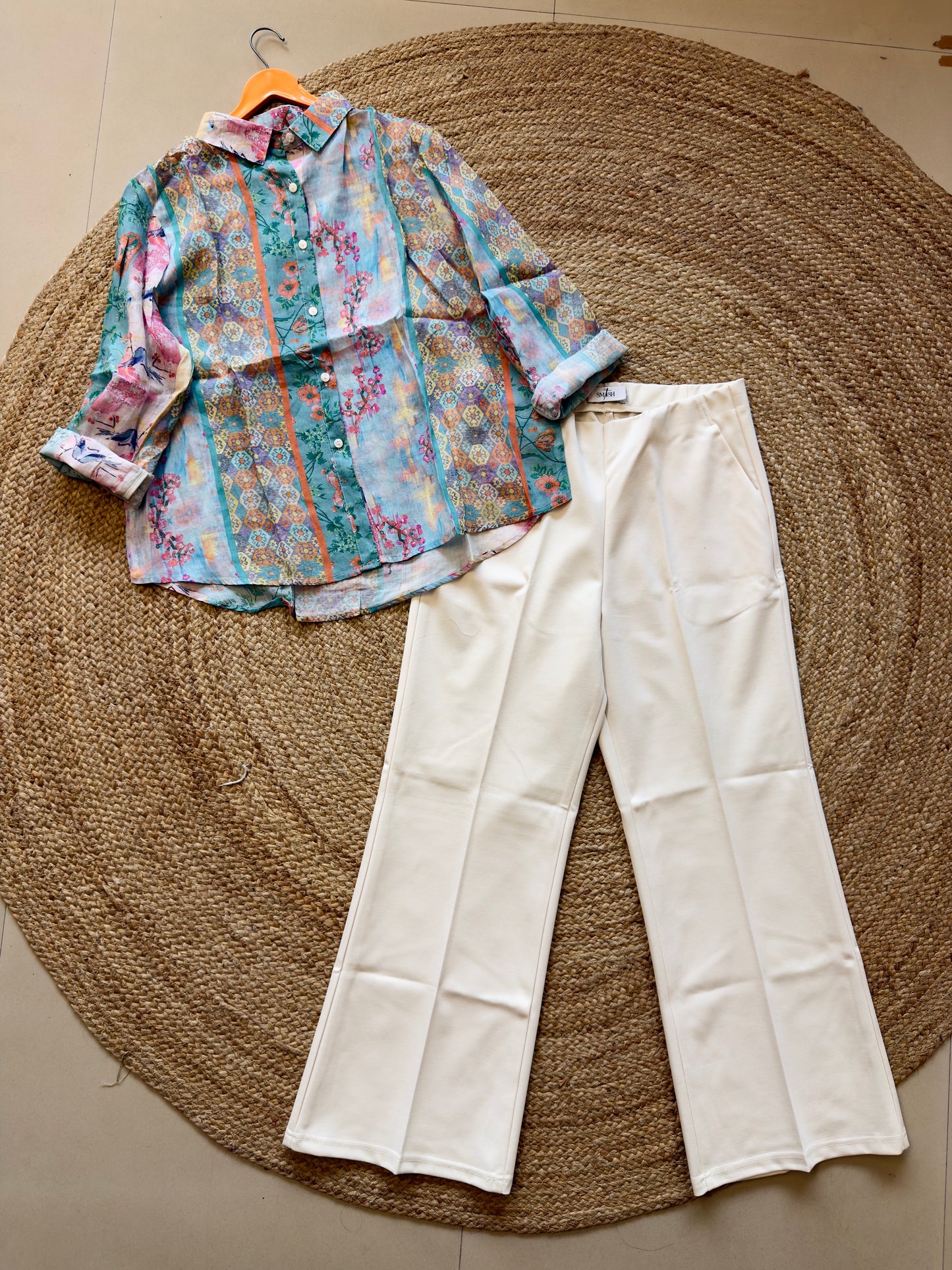 PRINT LINEN SHIRT  WITH BELL BOTTOM TROUSER PANT SET