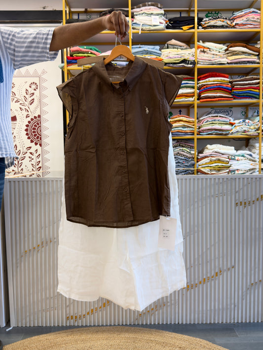 BROWN SLEEVELESS LINEN TOP  WITH LINEN  PANT SET