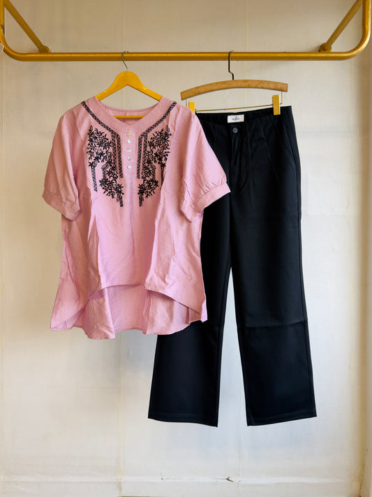 PINK WMBROIDERY TUNIC TOP  WITH STRAIGHT FIT PANT SET