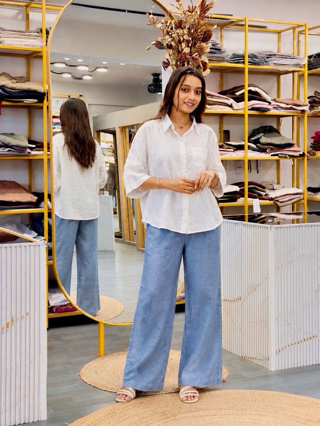 LINEN BACK EMBROIDERY SHIRT WITH LINEN STRAIGHT PANT SET