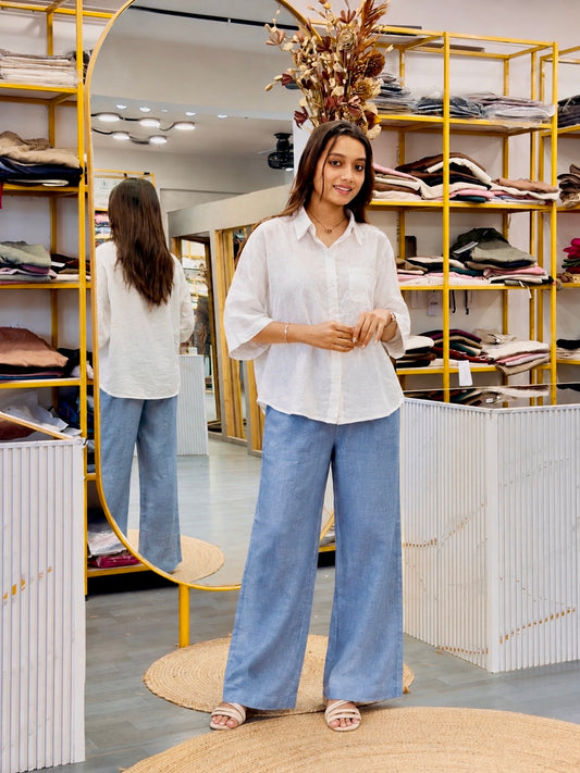 LINEN BACK EMBROIDERY SHIRT WITH LINEN STRAIGHT PANT SET