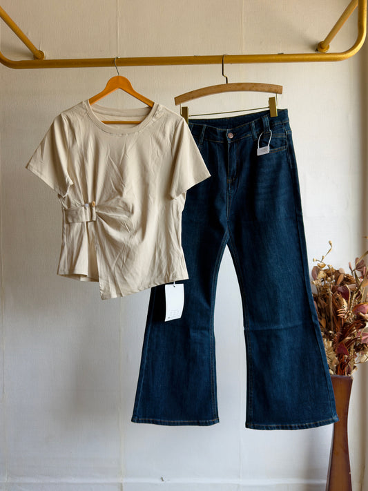 SKIN SHADE SIDE PEARL BROACH TSHIRT WITH BELL BOTTOM FIT DENIM PANT SET