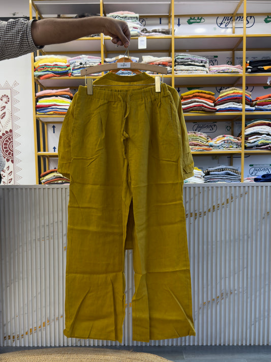 MASTARD YELLOW CROCHET POCKET  LINEN TOP WITH LINEN COMFORTABLE PANT SET