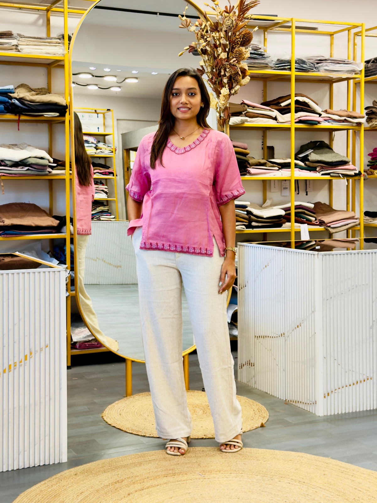 PINK LINEN EMBROIDERY TOP WITH LINEN STRAIGHT PANT SET