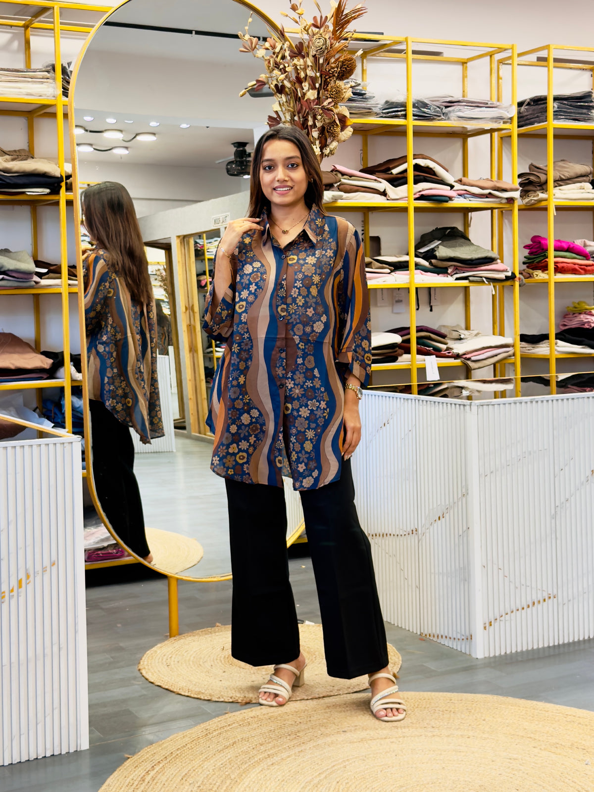 PRINTED  LONG SHIRT  WITH BELL BOTTOM PANT SET
