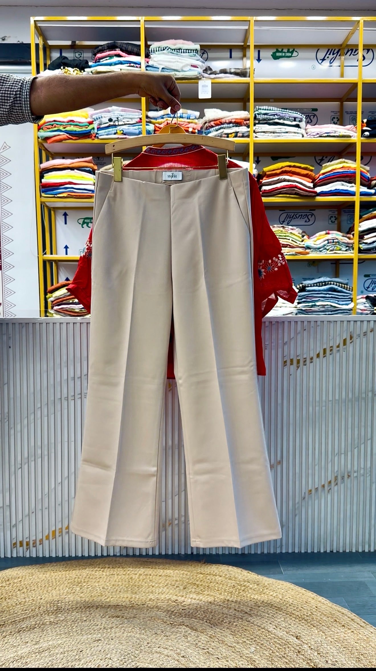 RED PURE LINEN EMBROIDERY TOP   WITH BELL BOTTOM FIT TROUSER PANT SET