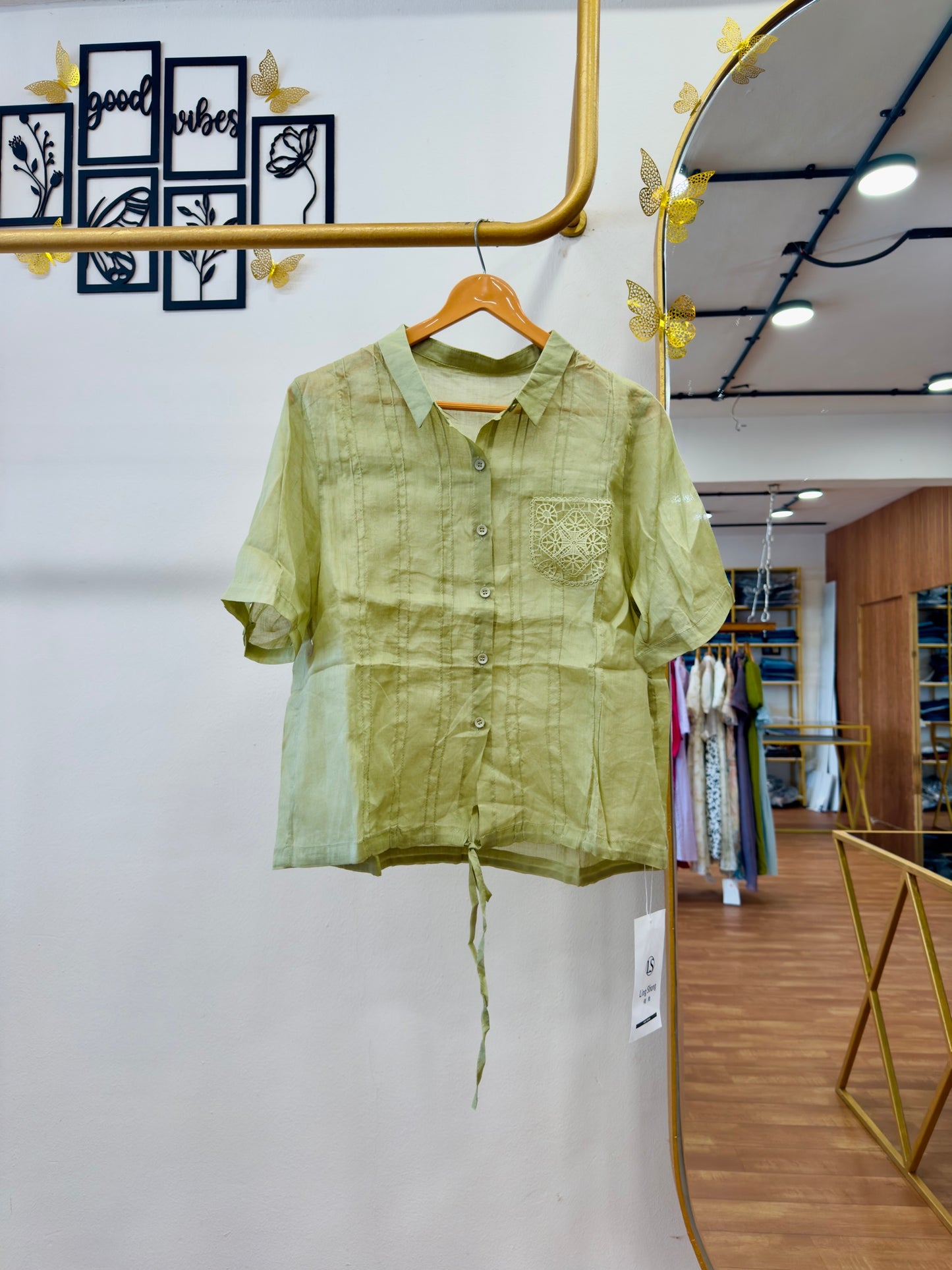 POCKET LACE PATTERN LINEN TOP