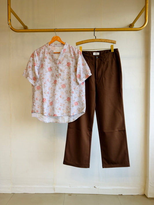EMBROIDERY PRINT TOP  WITH STRAIGHT FIT PANT SET