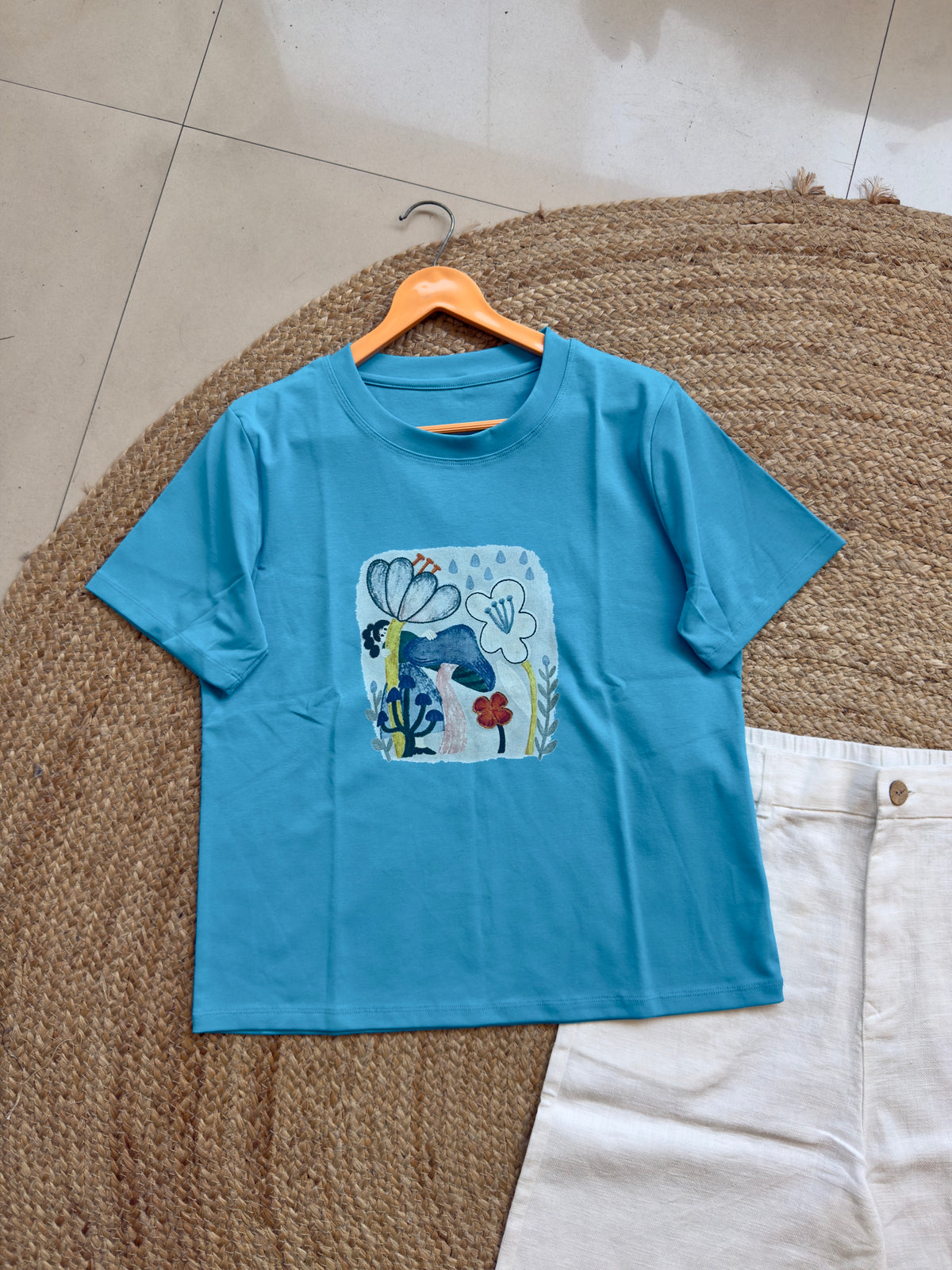 TRENDING COLOUR COTTON PRINT TSHIRT WITH LINEN STRAIGHT PANT SET