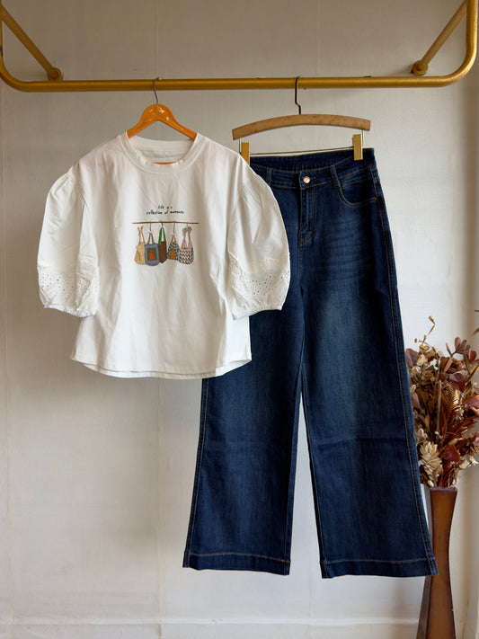WHITE CHECKEN WORK SLEEVE TSHIRT WITH STRAIGHT DENIM PANT SET