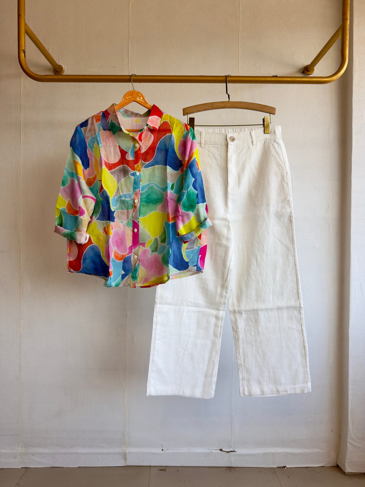 LINEN PRINT  SHIRT WITH LINEN STRAIGHT PANT SET