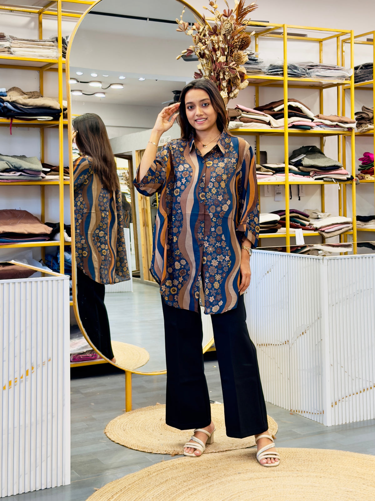 PRINTED  LONG SHIRT  WITH BELL BOTTOM PANT SET