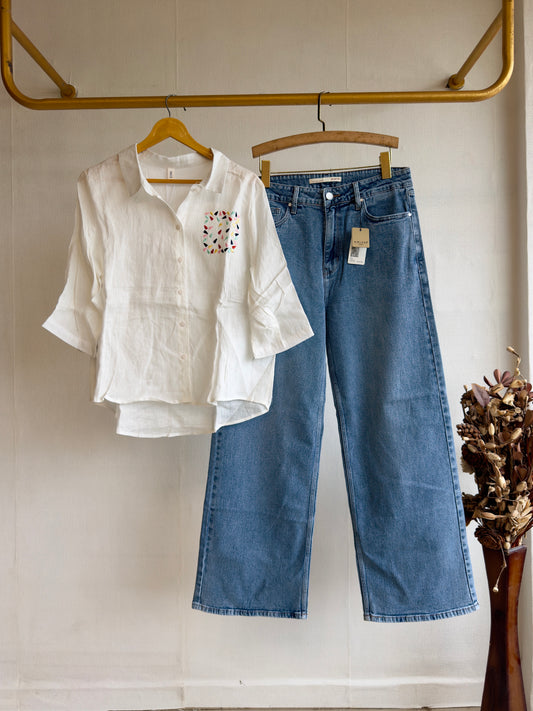 WHITE LINEN EMBROIDERY SHIRT WITH IMPORTED SOFT DENIM PANT SET