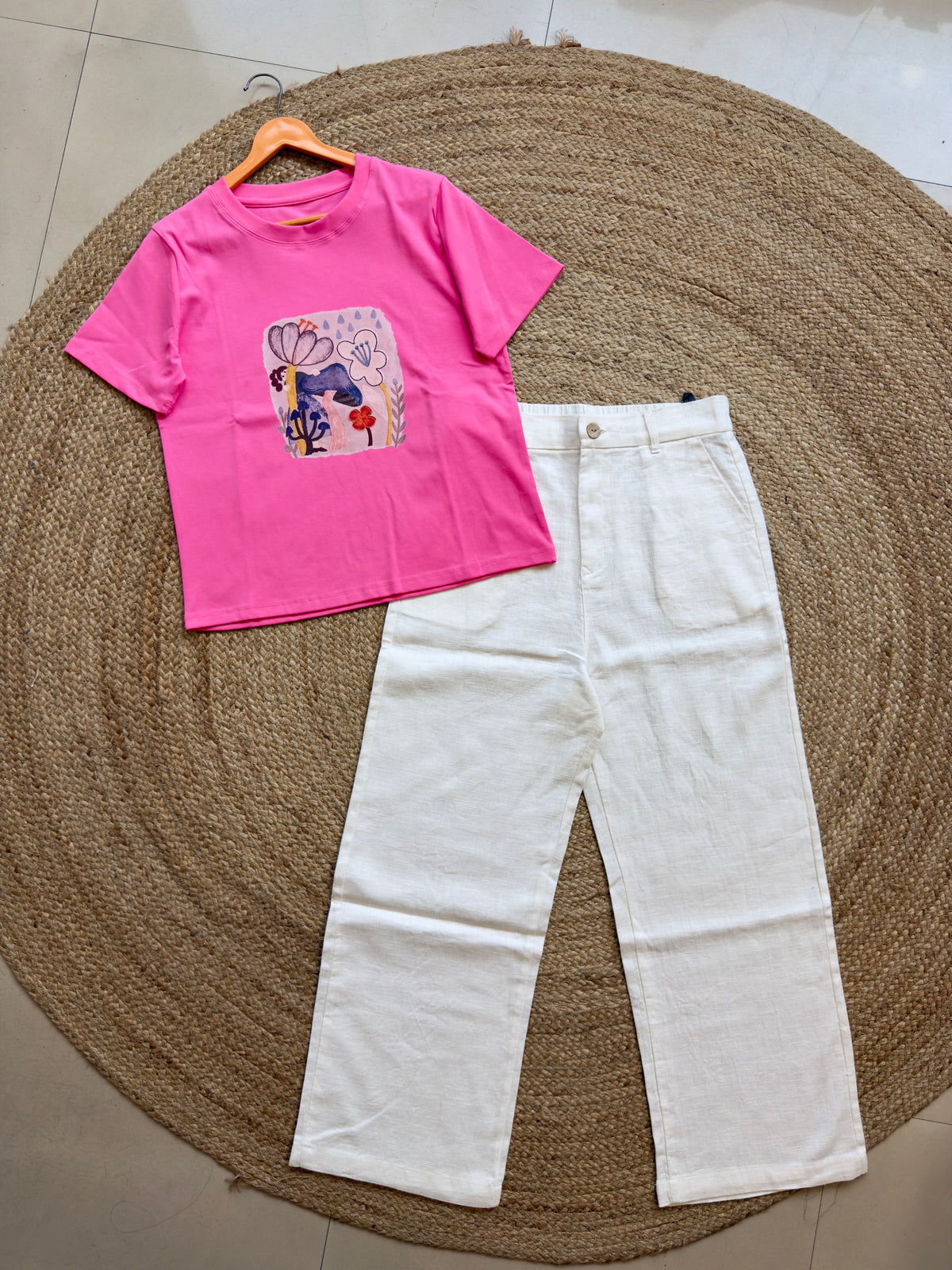 TRENDING COLOUR COTTON PRINT TSHIRT WITH LINEN STRAIGHT PANT SET