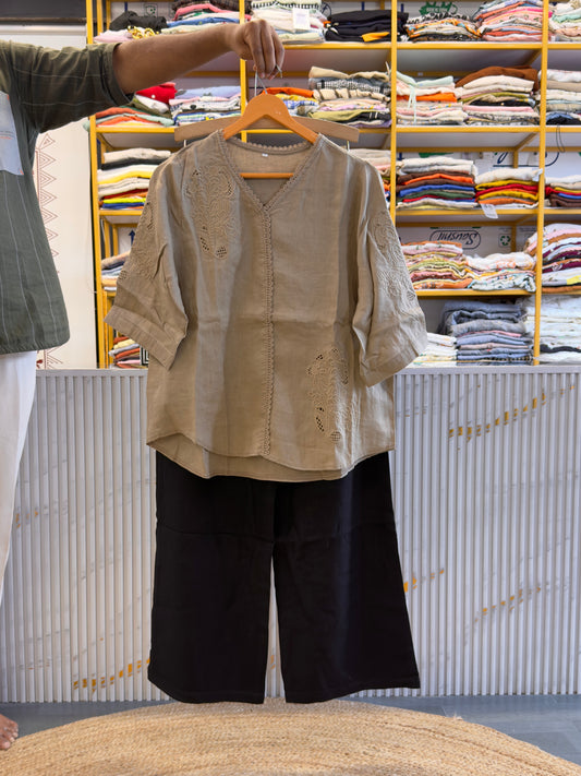 KHAKHI LINEN CUTWORK EMBROIDERY TOP  WITH LINEN PANT SET
