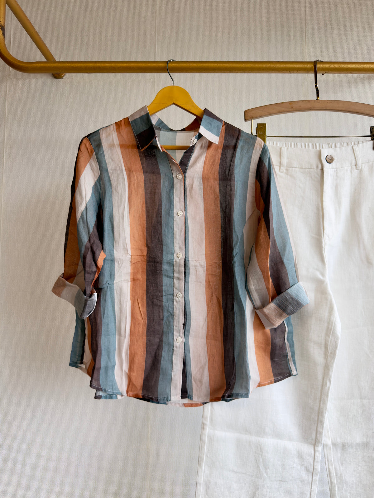 STRIPS LINEN PRINT SHIRT WITH LINEN STRAIGHT PANT SET