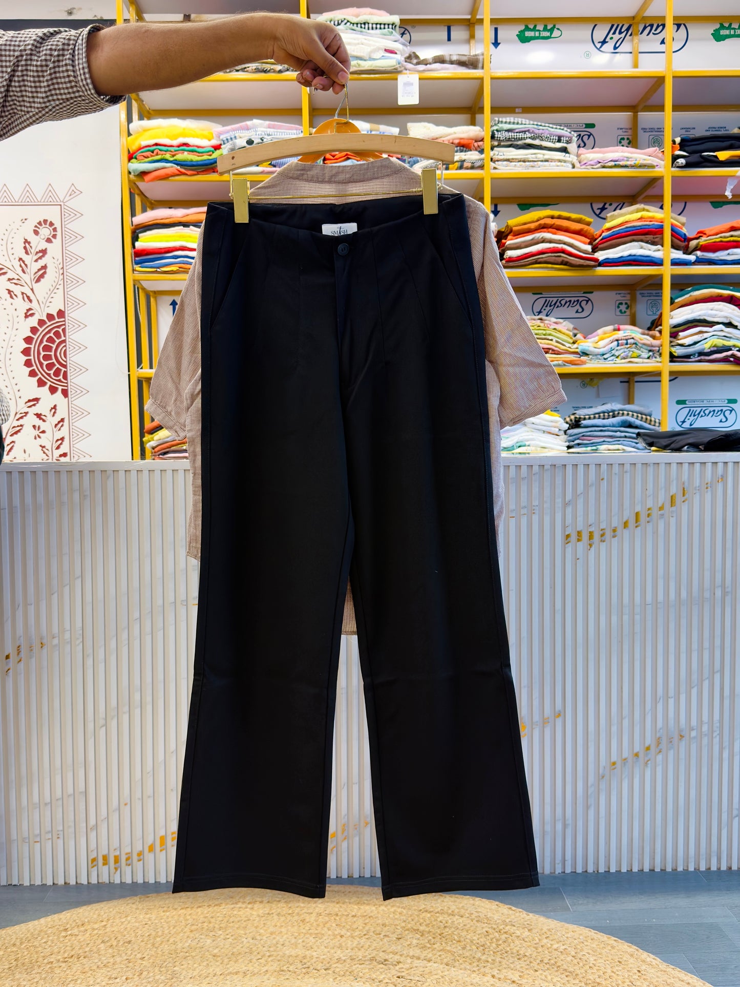 PURE MUL COTTON SMALL CHEX TOP   WITH BELL BOTTOM FIT TROUSER PANT SET
